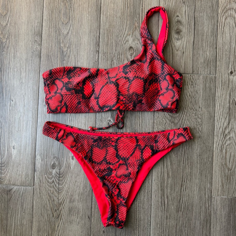 SHEIN Red Snakeskin One Shoulder Bikini Set | Snake Print | Size M